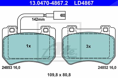 Ate CERAMIC Bremsbelagsatz mit Warnkontakt vorne [Hersteller-Nr. 13.0470-4867.2] für Alfa Romeo von ATE