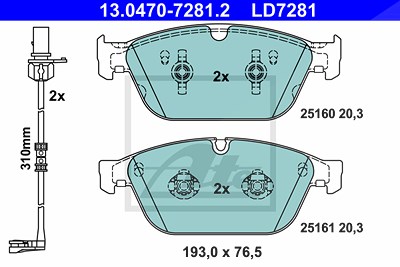 Ate CERAMIC Bremsbelagsatz mit Warnkontakt vorne [Hersteller-Nr. 13.0470-7281.2] für Audi von ATE