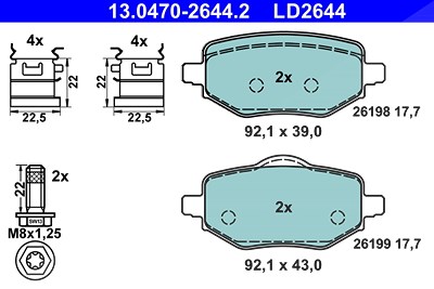 Ate Bremsbelagsatz, Scheibenbremse [Hersteller-Nr. 13.0470-2644.2] für Citroën, Ds, Opel, Peugeot von ATE