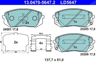 Ate Bremsbelagsatz, Scheibenbremse [Hersteller-Nr. 13.0470-5647.2] für Hyundai, Kia von ATE