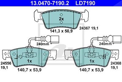 Ate CERAMIC Bremsbelagsatz mit Warnkontakt hinten [Hersteller-Nr. 13.0470-7190.2] für VW von ATE