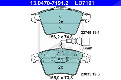 Ate CERAMIC Bremsbelagsatz mit Warnkontakt vorne [Hersteller-Nr. 13.0470-7191.2] für VW von ATE