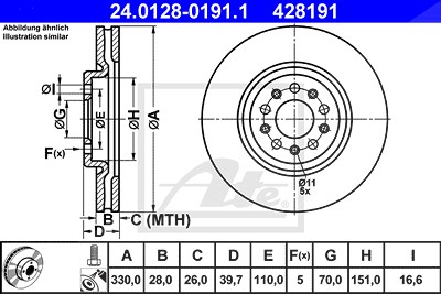 Ate 1x Bremsscheibe [Hersteller-Nr. 24.0128-0191.1] für Alfa Romeo, Jeep von ATE