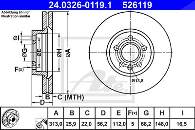 Ate 1x Bremsscheibe [Hersteller-Nr. 24.0326-0119.1] für Ford, Seat, VW von ATE