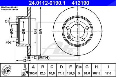 Ate Bremsscheibe Hinterachse Voll [Hersteller-Nr. 24.0112-0190.1] für Nissan, Opel, Renault von ATE