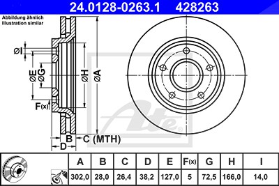 Ate 1x Bremsscheibe Vorderachse Belüftet [Hersteller-Nr. 24.0128-0263.1] für Fiat, Chrysler von ATE