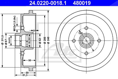 Ate Bremstrommel Hinterachse [Hersteller-Nr. 24.0220-0018.1] für Skoda, Seat, VW, Audi von ATE