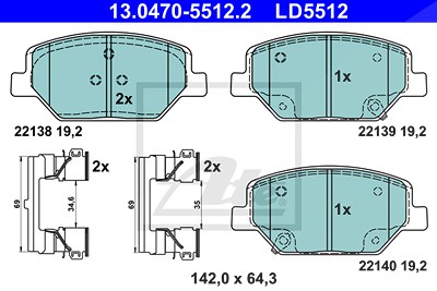 Ate CERAMIC Bremsbelagsatz vorne [Hersteller-Nr. 13.0470-5512.2] für Opel von ATE