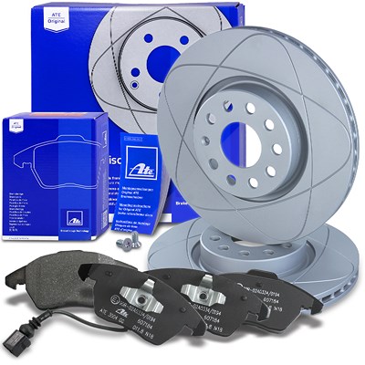 Ate POWERDISC Bremsscheiben +Bremsbeläge mit Warnkontakt vorne für Audi, Seat, VW, Skoda von ATE