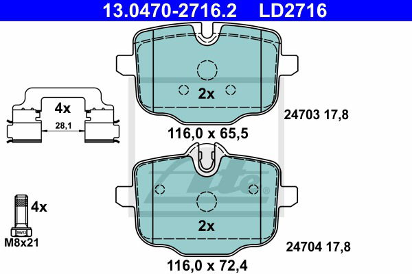 Bremsbelagsatz, Scheibenbremse Hinterachse ATE 13.0470-2716.2 von ATE