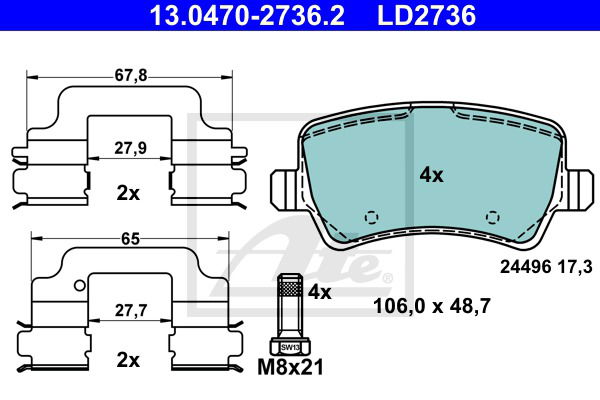 Bremsbelagsatz, Scheibenbremse Hinterachse ATE 13.0470-2736.2 von ATE