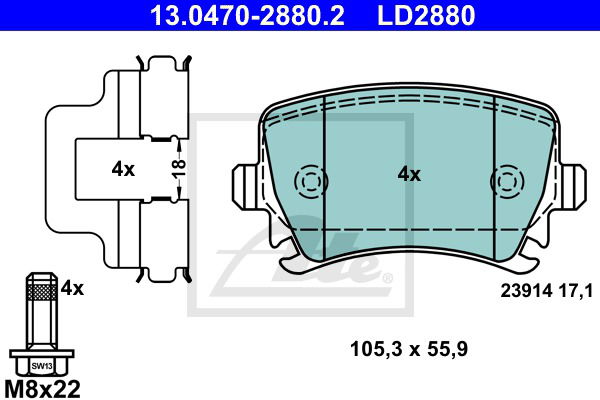 Bremsbelagsatz, Scheibenbremse Hinterachse ATE 13.0470-2880.2 von ATE