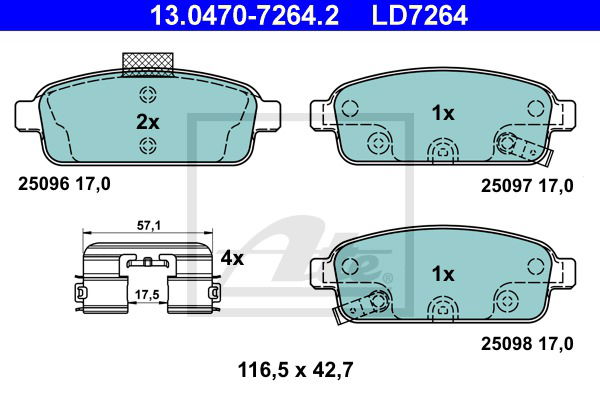 Bremsbelagsatz, Scheibenbremse Hinterachse ATE 13.0470-7264.2 von ATE