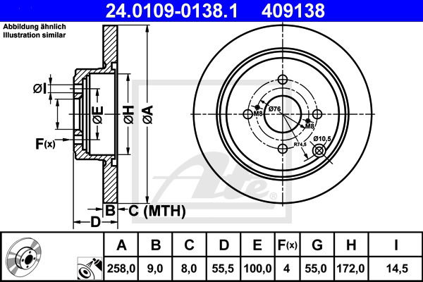 Bremsscheibe Hinterachse ATE 24.0109-0138.1 von ATE