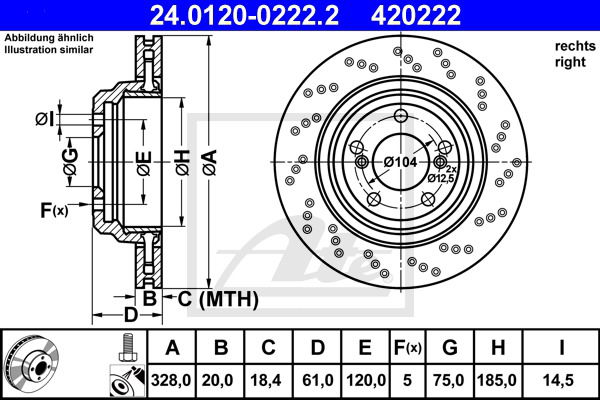 Bremsscheibe Hinterachse rechts ATE 24.0120-0222.2 von ATE