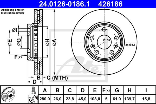 Bremsscheibe Vorderachse ATE 24.0126-0186.1 von ATE