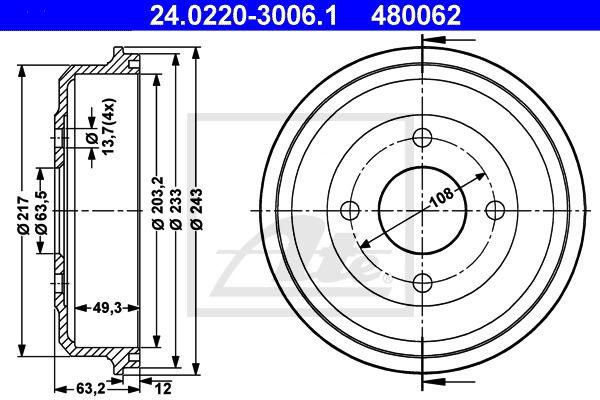 Bremstrommel Hinterachse ATE 24.0220-3006.1 von ATE