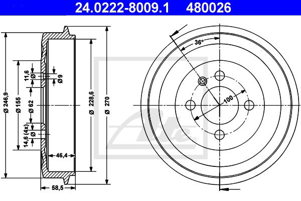 Bremstrommel Hinterachse ATE 24.0222-8009.1 von ATE