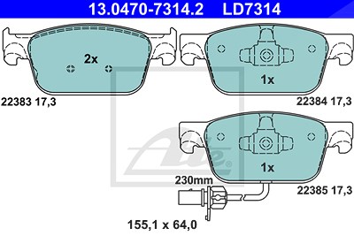 Ate CERAMIC Bremsbelagsatz mit Warnkontakt vorne [Hersteller-Nr. 13.0470-7314.2] für Audi von ATE