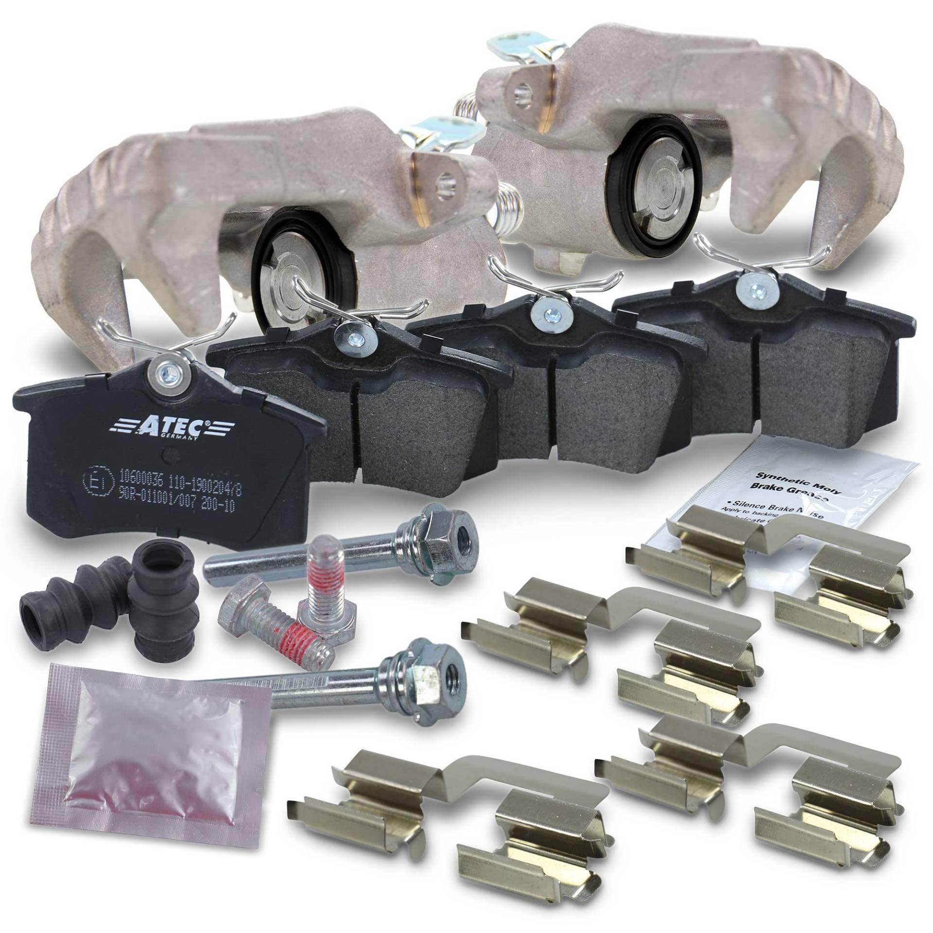 ATEC Germany 2x Bremssattel hinten links und rechts Bremszange ohne Halter Faustsattel + Bremsbeläge hinten, Kompatibel mit A udi A3 (8P1), A3 Cabriolet (8P7), A3 Sportback (8PA), SEAT ALTEA (5P1), AL von ATEC Germany