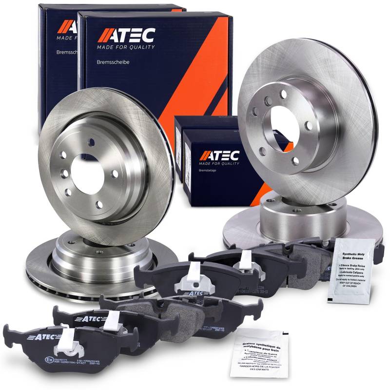 ATEC Germany Bremsenset inkl. Bremsscheiben Vorne Ø 296 mm Belüftet + Hinten Ø 298 mm Belüftet + Bremsbeläge Vorne & Hinten Kompatibel mit BMW 5er (E39), 5 Touring (E39) von ATEC Germany