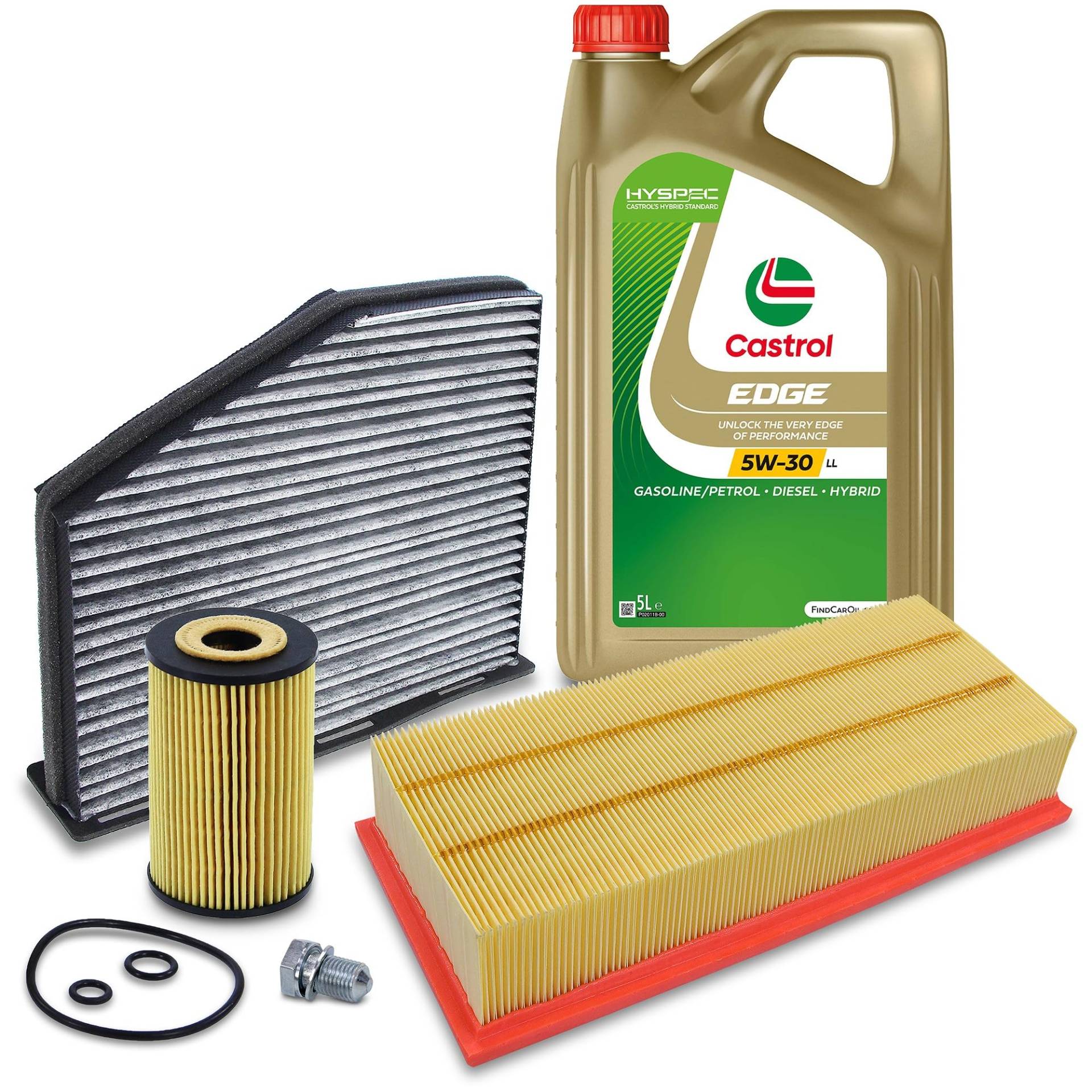 ATEC Germany Inspektionspaket Filterset mit 1x Ölfilter; 1x Innenraumfilter (Aktivkohle); 1x Ölablassschraube mit Dichtring; 1x Luftfilter; 1x Motoröl 5W-30 CASTROL LL FST TITANIUM 5 l von ATEC Germany