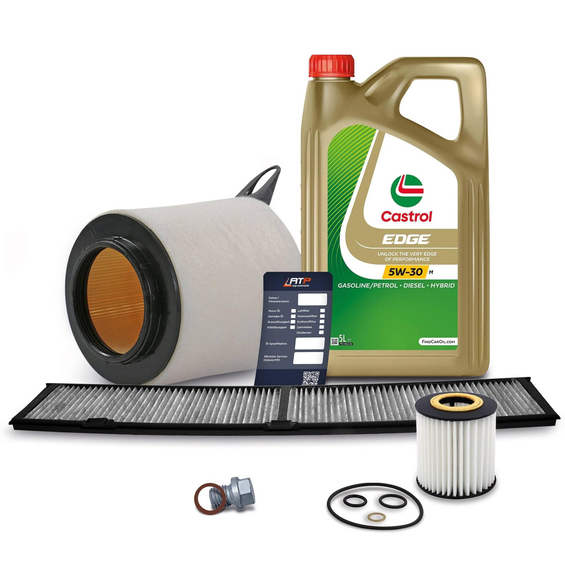 ATEC Germany Inspektionspaket Filterset mit 1x Ölfilter; 1x Luftfilter; 1x Innenraumfilter (Aktivkohle); 1x Ölablassschraube mit Dichtring; 1x Motoröl 5W-30 CASTROL Edge Titanium 5 l von ATEC Germany