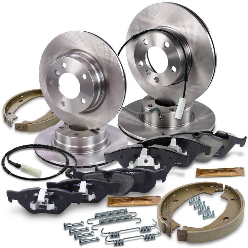 BESTPRICE Bremsenset inkl. Bremsscheiben vorne Ø 312 mm + hinten Ø 161 mm + Bremsbeläge vorne und Bremsbacken hinten + Verschleißkontakt, Kompatibel mit BMW 3 (E90), 3 Cabrio (E93), 3 Coupe (E92) von BESTPRICE