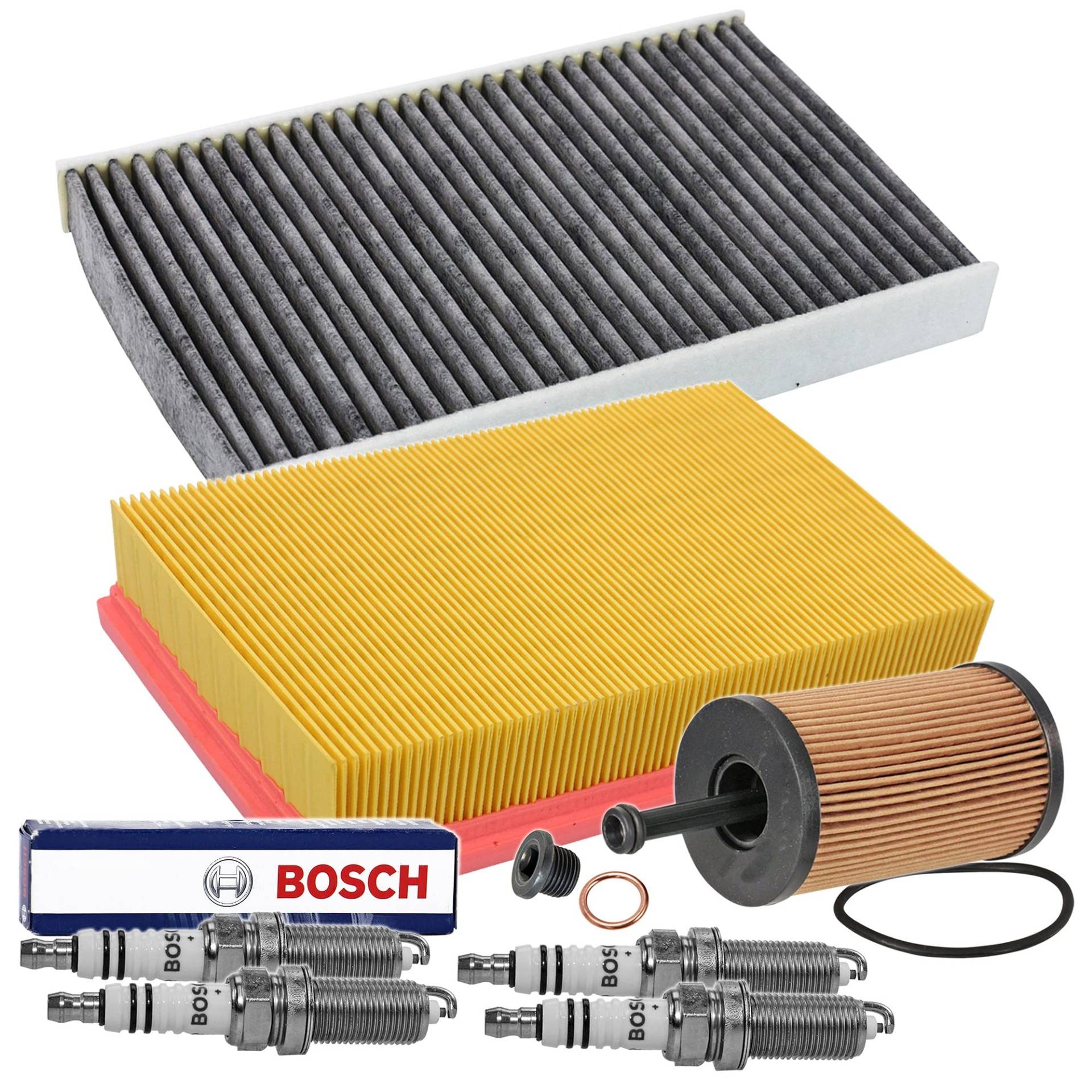 BESTPRICE Inspektionspaket Filterset 1x Luftfilter, 1x Innenraumfilter (Pollenfilter) mit Aktivkohle, 4x Zündkerze FR8SC+, 1x Ölablassschraube mit Dichtung Kompatibel mit PEUGEOT 307 (3A/C) (3E) (3H) von ATEC Germany