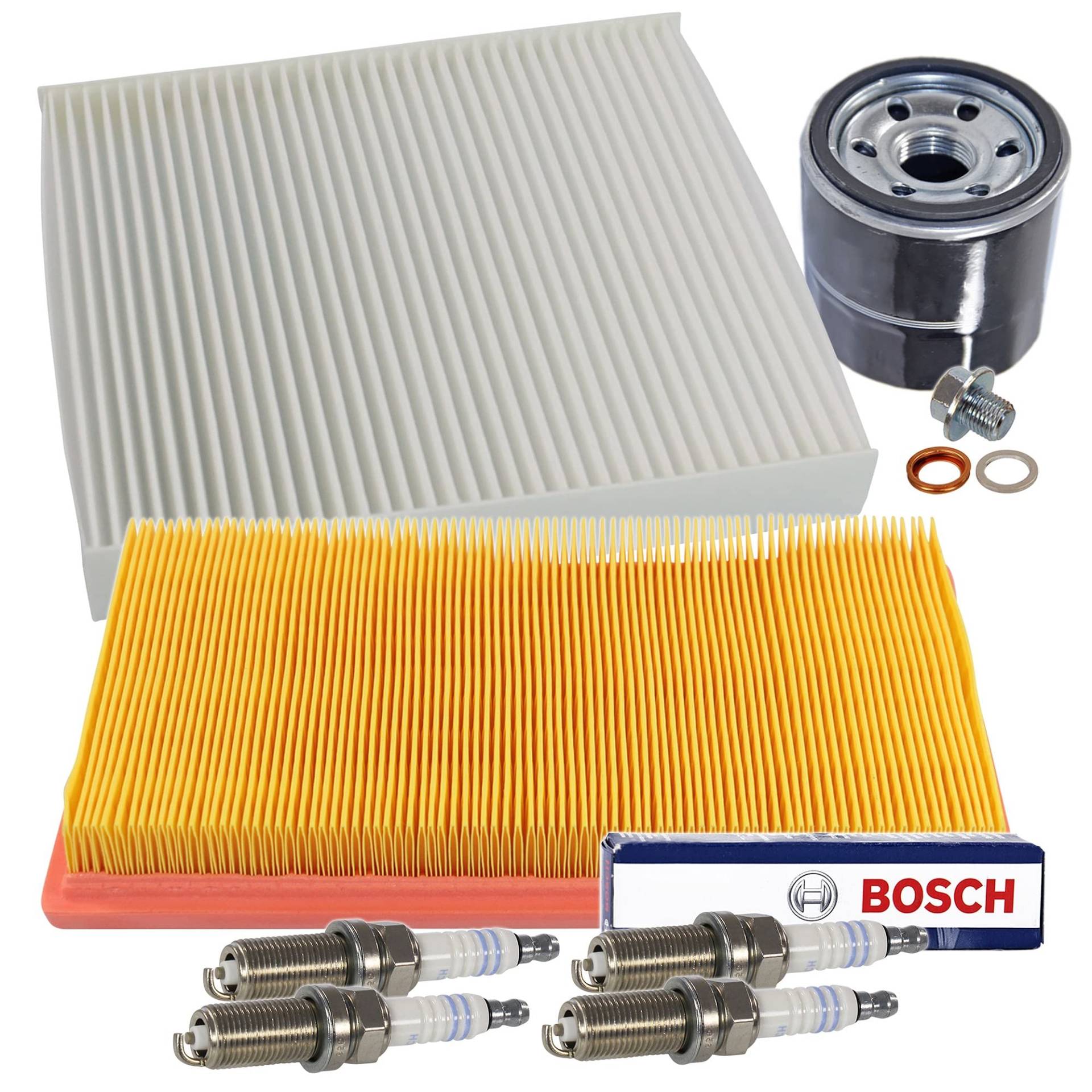 Inspektionspaket SET C 1x Ölfilter 1x Luftfilter 1x Innenraumfilter 4x Zündkerze Original BOSCH Super FR8ME 1x Ölablass-Schraube 1x Dichtring für Ölablass-Schraube von ENVA MADE FOR QUALITY