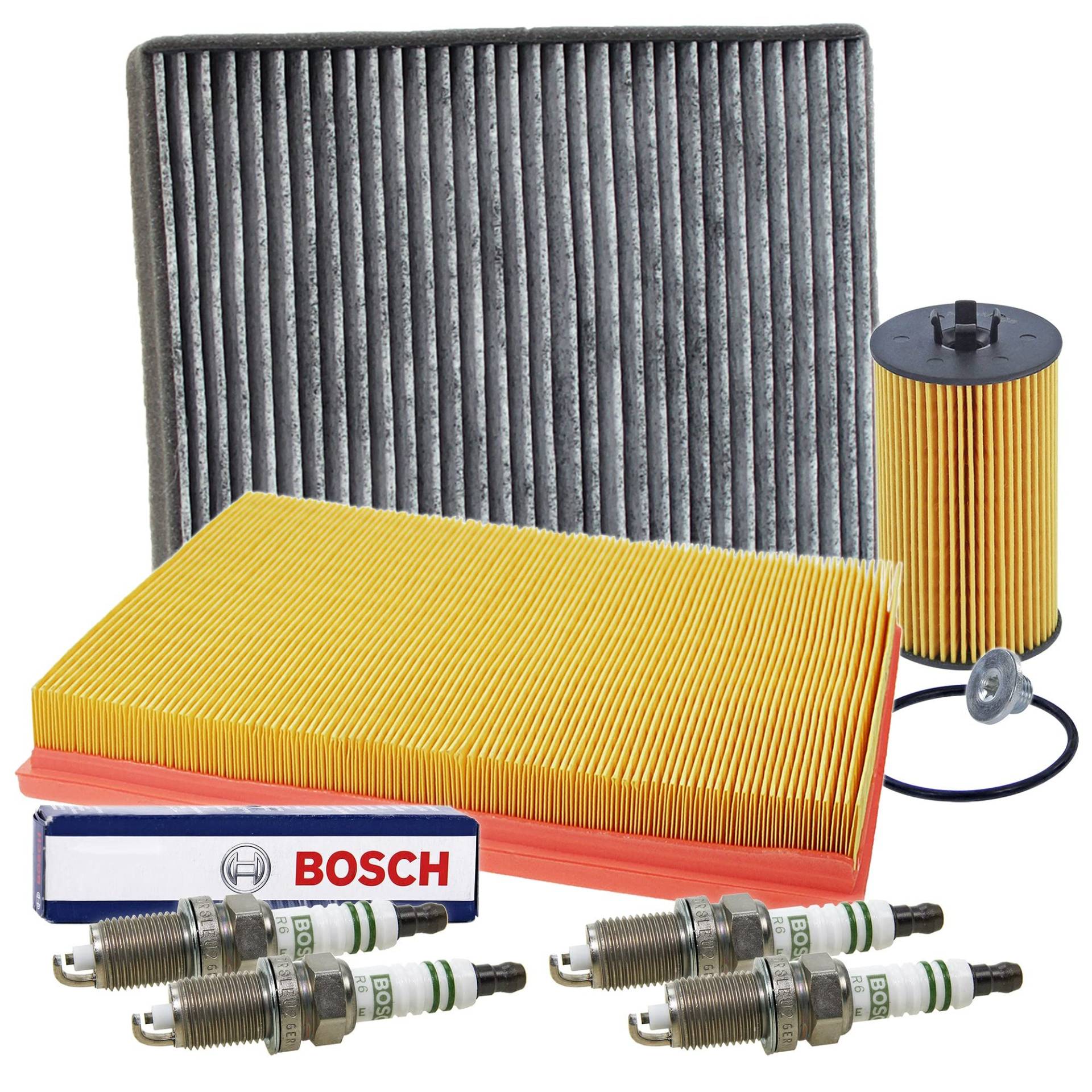 BESTPRICE Inspektionspaket Filterset mit 1x Luftfilter, 1x Innenraumfilter (Pollenfilter) mit Aktivkohle, 4x Zündkerze Super FQR8LEU2 Kompatibel mit OPEL ASTRA G (T98)(T98) (F35) (T98), ZAFIRA B (A05) von BESTPRICE