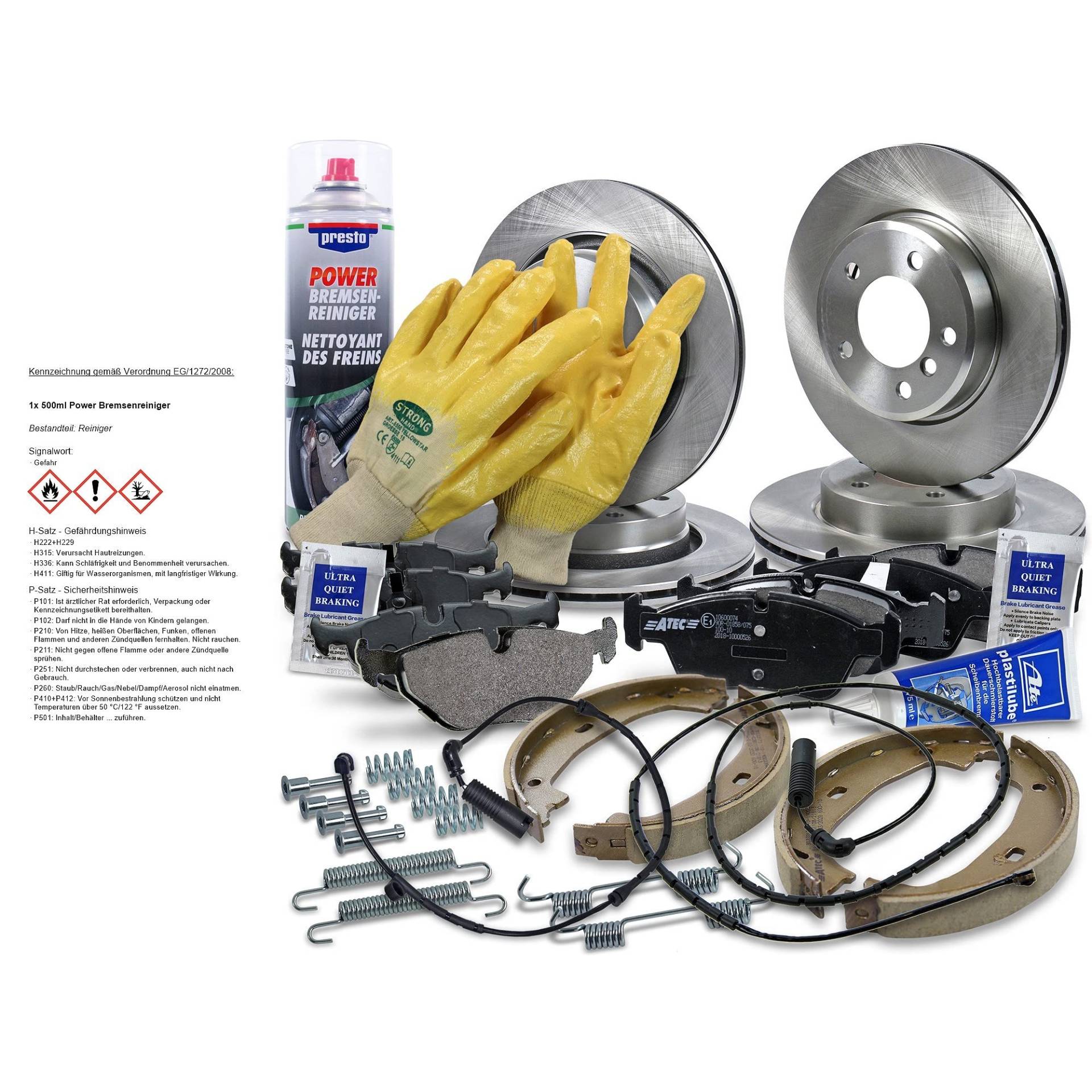 BESTPRICE Bremsenset inkl. Bremsscheiben vorne Ø 300 mm + hinten Ø 160,5 mm + Bremsbeläge vorne und Bremsbacken hinten + Verschleißkontakt, Kompatibel mit BMW 3er (E46) von BESTPRICE