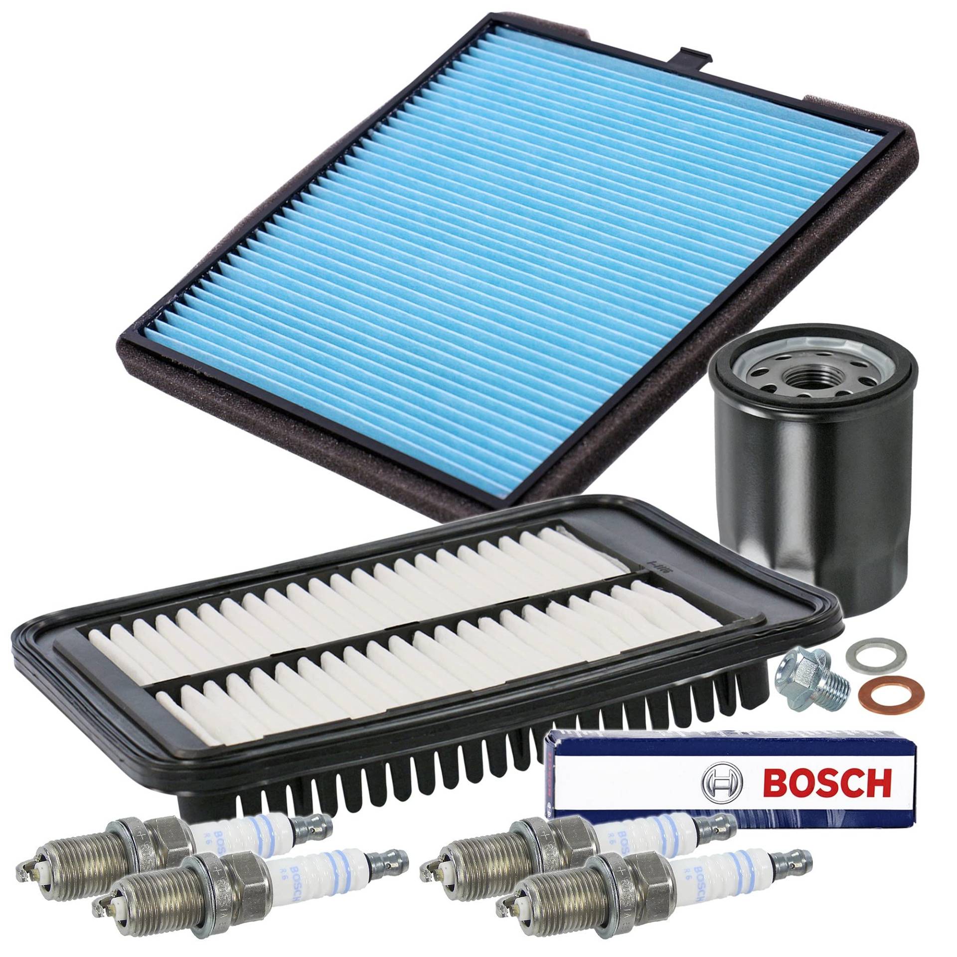 Inspektionspaket SET C 1x Ölfilter 1x Luftfilter 1x Innenraumfilter 4x Zündkerze Original BOSCH FR 8 DCX+ 1x Ölablass-Schraube 1x Dichtring für Ölablass-Schraube von BESTPRICE