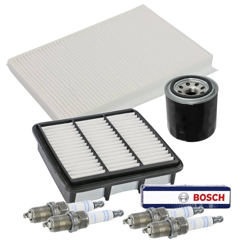 Inspektionspaket SET C 1x Ölfilter 1x Luftfilter 1x Innenraumfilter 4x Zündkerze Original BOSCH FR 8 DCX+ von BESTPRICE