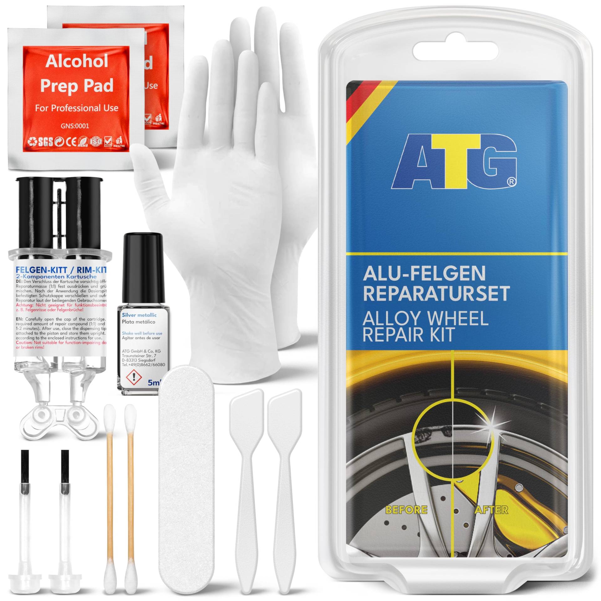 ATG Autozubehör-Teile-Gerl- ALU-FIX Alu-Felgen-Reparaturset – Alufelgen schnell und einfach reparieren – inkl. Lackstift – 13tlg, Silber Metallic von ATG