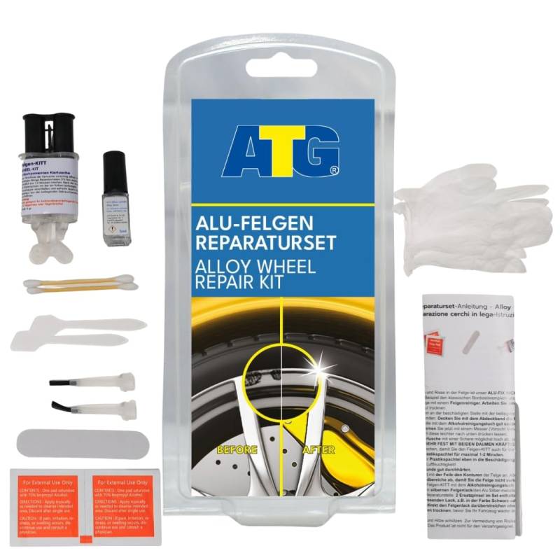 ATG Autozubehör-Teile-Gerl- ALU-FIX Alu-Felgen-Reparaturset – Alufelgen schnell und einfach reparieren – inkl. Lackstift – 13tlg, Silber Metallic von ATG