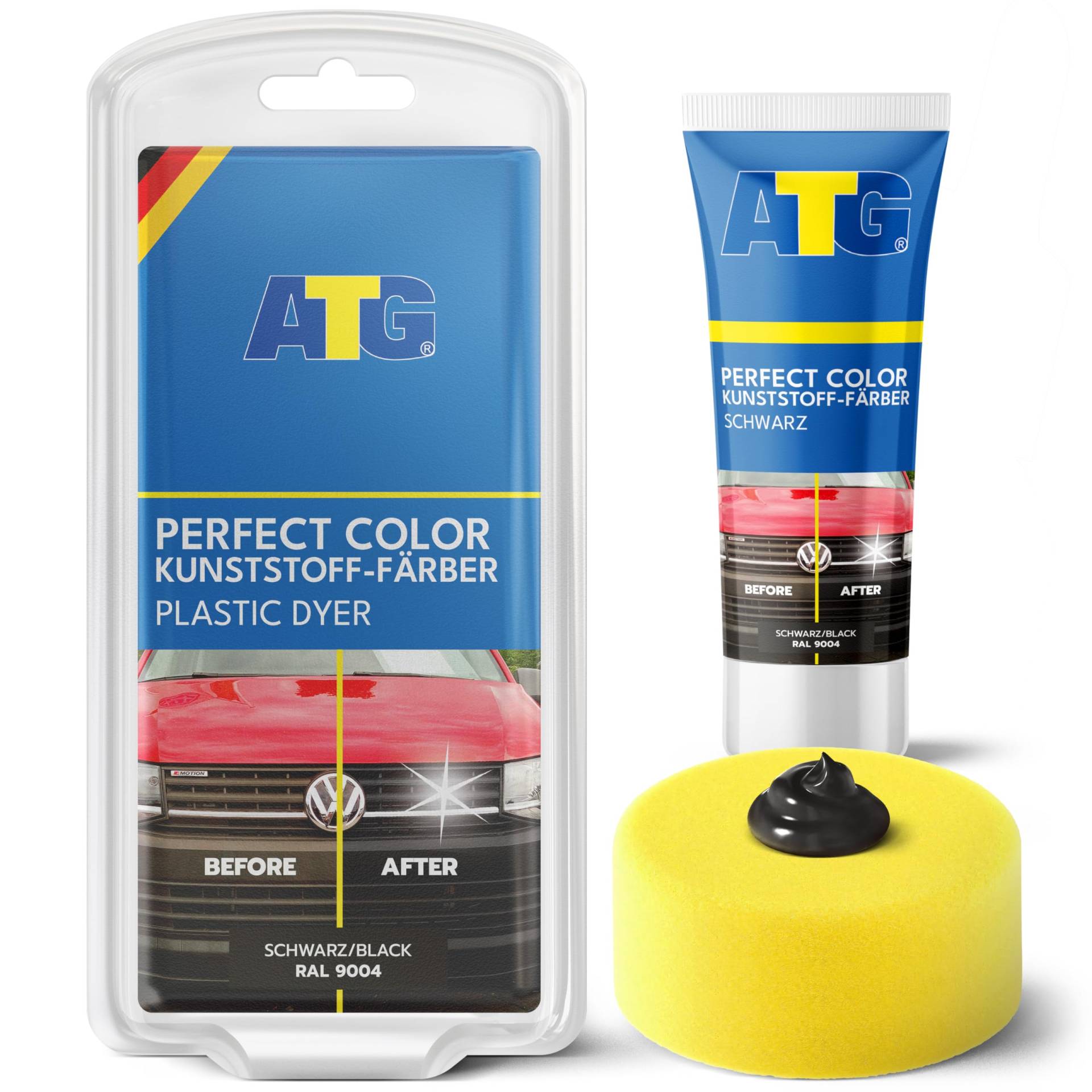 ATG® Perfect-Color |Kunststofffarbe | Kunststoff Färber Schwarz | Kunststoffpflege Auto | Glanz und neues Leben bei jedem Auto Motorrad LKW Caravan | Plastik Farbe Schwarz | inkl. Schwamm von ATG