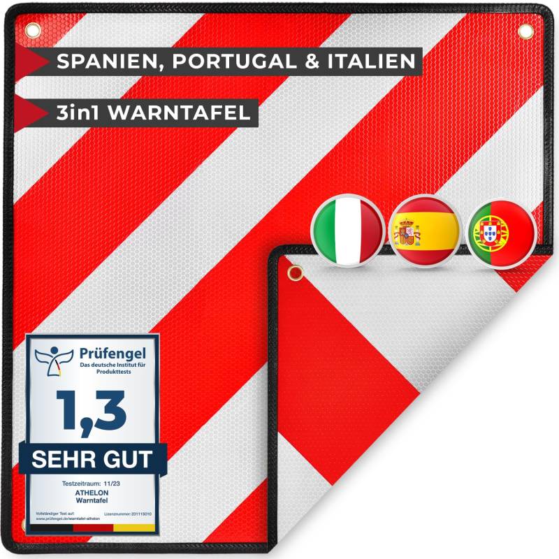 ATHELON® 3in1 Warntafel für Italien, Spanien & Portugal - Hochwertige Warntafel Italien für Fahrradträger & Wohnmobil - Reflektierendes Warnschild (Nur Warntafel) von ATHELON