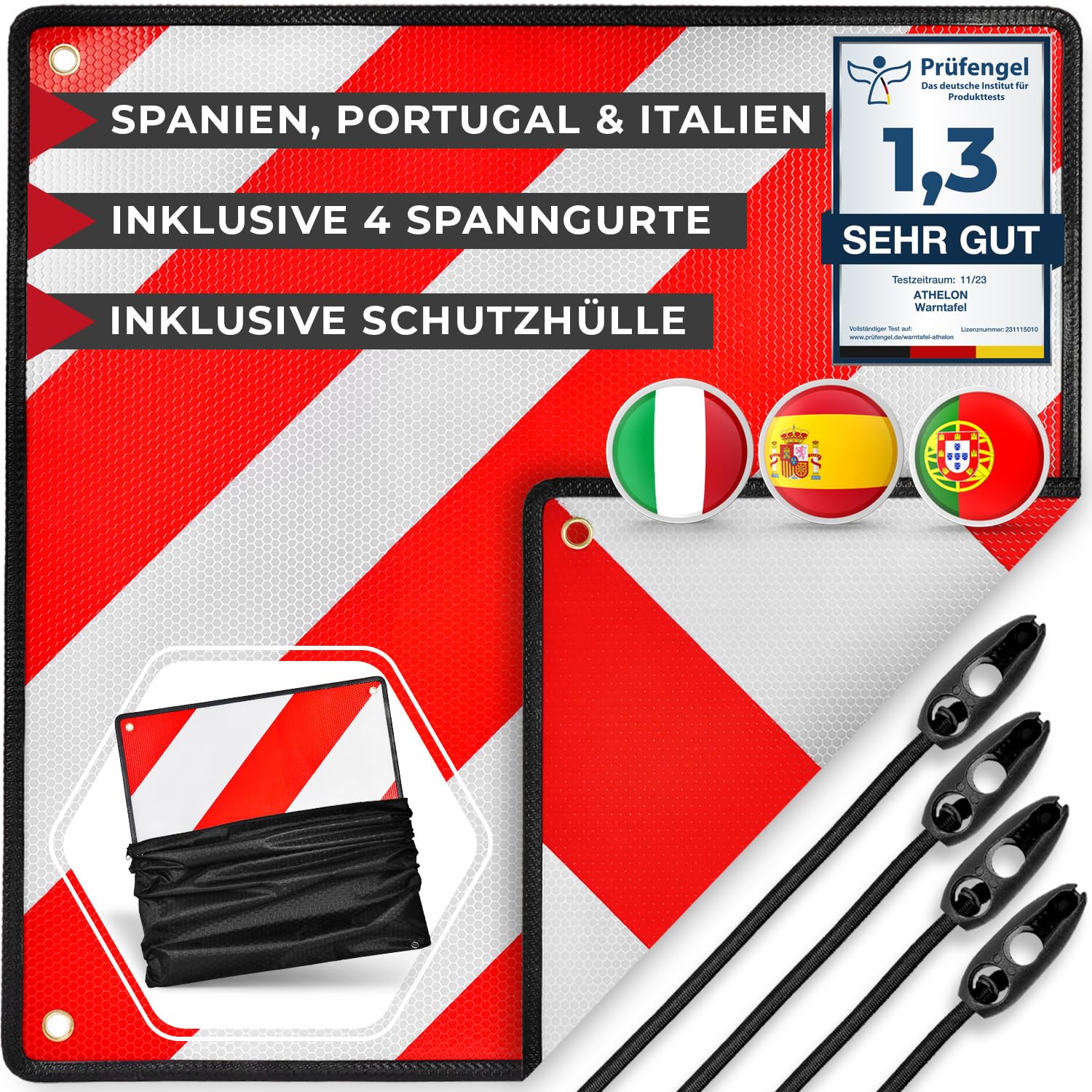 ATHELON® 3in1 Warntafel für Italien, Spanien & Portugal - Reflektierendes Warnschild inklusive 4X Spanngurte & Schutzhülle - Hochwertige Warntafel Italien für Fahrradträger & Wohnmobil von ATHELON