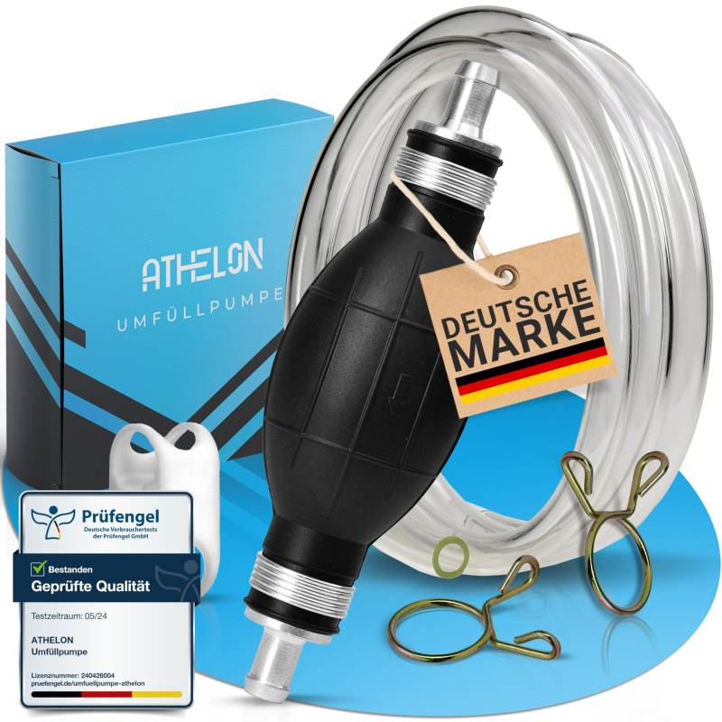 ATHELON® Handpumpe für Benzin, Diesel, Wasser & Öl - XL Umfüllpumpe inkl. Flüssigkeitsregler und 2m Schlauch - Verbesserte Schlauchpumpe [2024] - Zuverlässig & Auslaufsicher von ATHELON