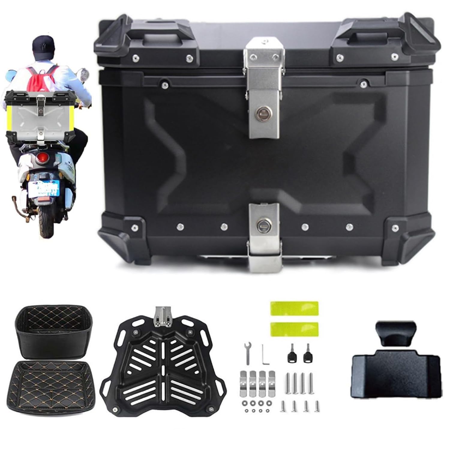 ATHUAH Motorrad-Top-Box, Heckkoffer, wasserdicht, Motorradgepäck mit Sicherheitsschloss, Helmkoffer-Aufbewahrungsbox, für Helm, großes Gepäck (Schwarz 55L) von ATHUAH