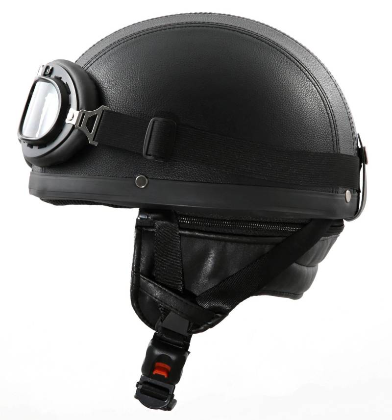 ATO Moto Oldtimer Motorradhelm mit Brille Größen: XS bis XL Farben: Weiß, Schwarz glänzend oder Schwarz matt (XL 61cm, Leder) von ATO Moto