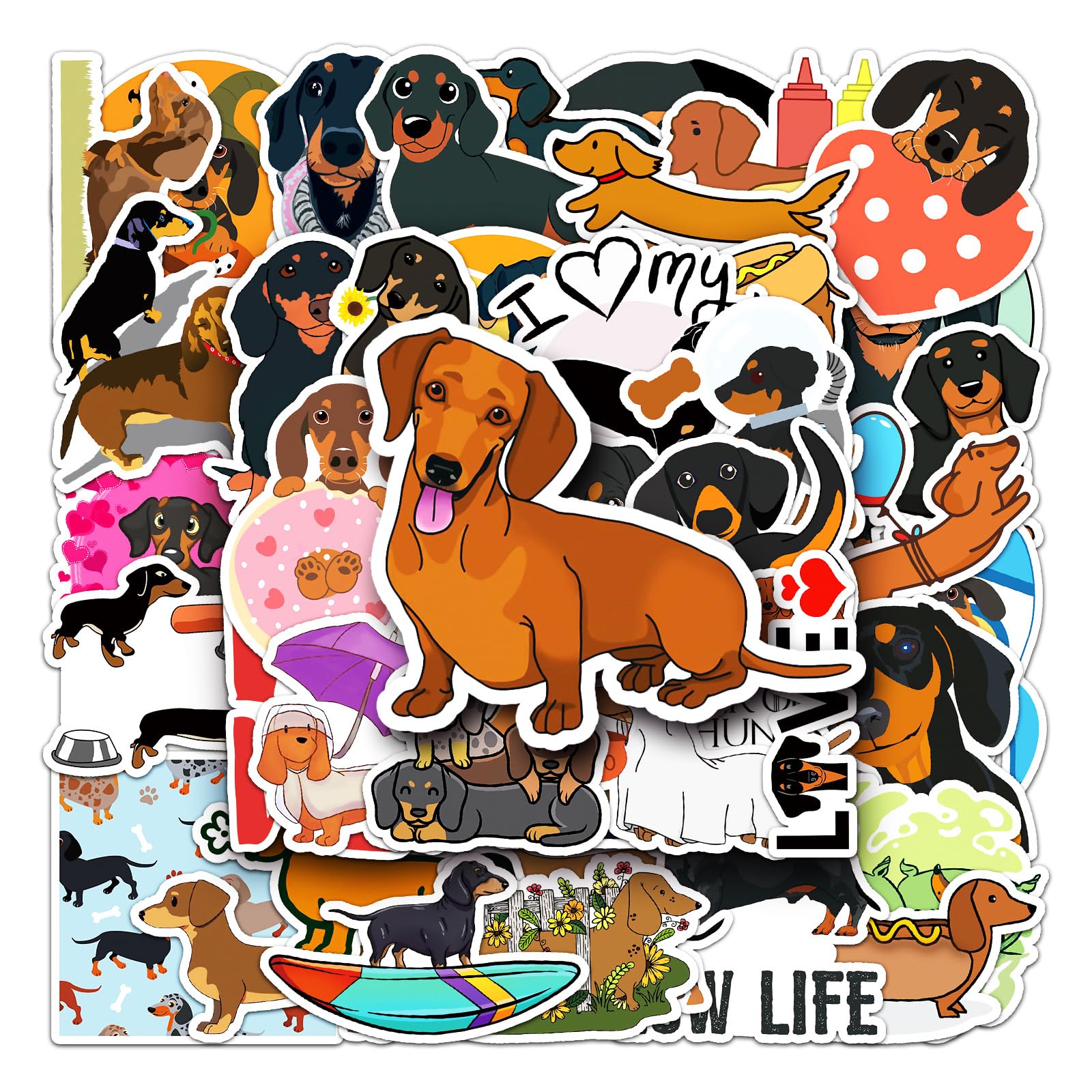 AUCEKO 50 Stück Dachshund Aufkleber Pack Wurst Hund Sticker Set wasserdichte Vinyl Sticker für Laptop Kinder Autos Motorrad Fahrrad Skateboard Gepäck Koffer Computer Aufkleber Graffiti Decal von AUCEKO