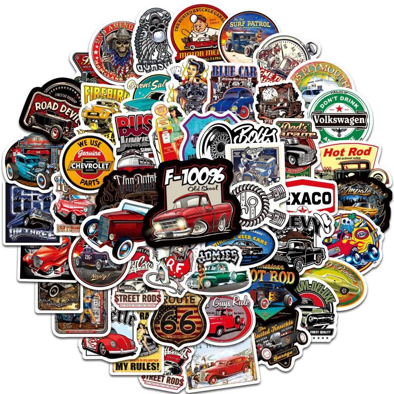 AUCEKO 100 Stück Aufkleber Pack Classic Cars Hot Rod Sticker Set wasserdichte Vinyl Sticker für Laptop Kinder Autos Motorrad Fahrrad Skateboard Gepäck Koffer Computer Aufkleber Graffiti Decal von AUCEKO