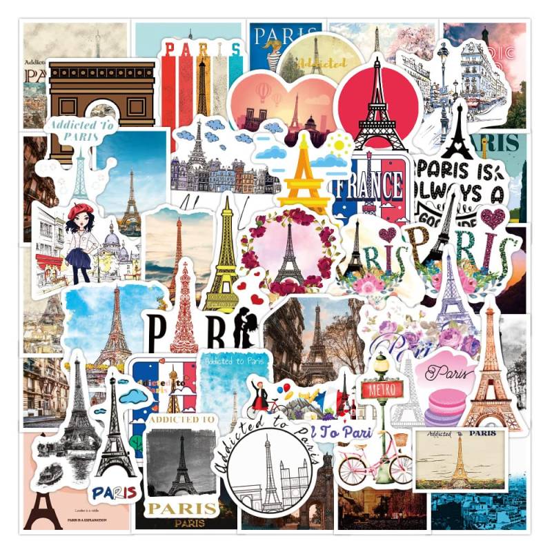 AUCEKO Aufkleber Pack 50 Stück Paris Sticker Set Eiffel Tower Aufkleber Graffiti Decal wasserdichte Vinyl Sticker für Laptop Kinder Autos Motorrad Fahrrad Skateboard Gepäck Koffer von AUCEKO