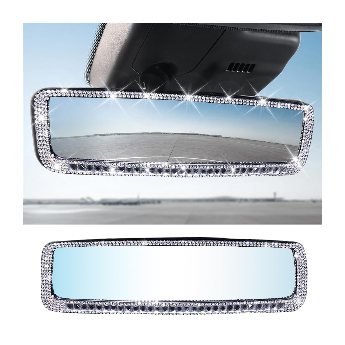 AUCELI Auto-Rückspiegel, Bling Strass Innenspiegel mit HD-Glas, Weitwinkel, Clip-on Rückspiegel mit Glitzer Kristall Diamant, Auto Dekoration Zubehör für Frauen (Silber) von AUCELI