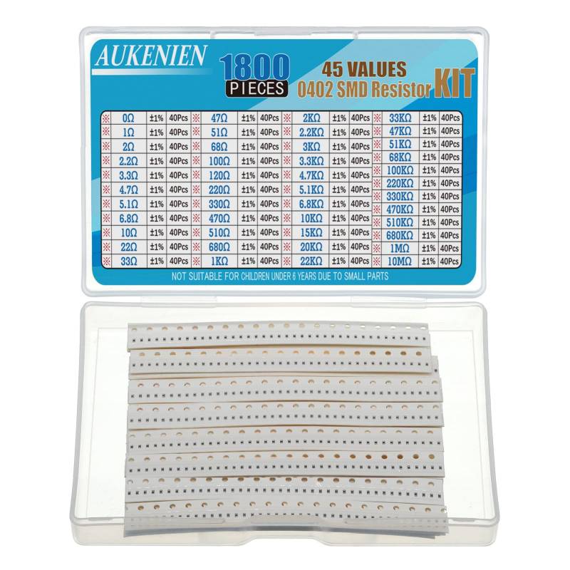 AUKENIEN 0402 SMD Widerstand Sortiment 45 Werte 1800 Stück 0R bis 10M Ohm Resistor 1/16W SMT Widerstände Kit mit ±1% Toleranz von AUKENIEN