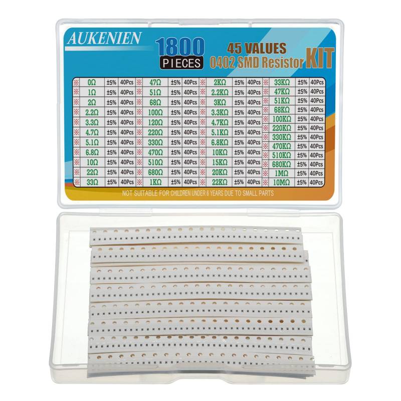 AUKENIEN 0402 SMD Widerstand Sortiment 45 Werte 1800 Stück 0R bis 10M Ohm Resistor 1/16W SMT Widerstände Kit mit ±5% Toleranz von AUKENIEN