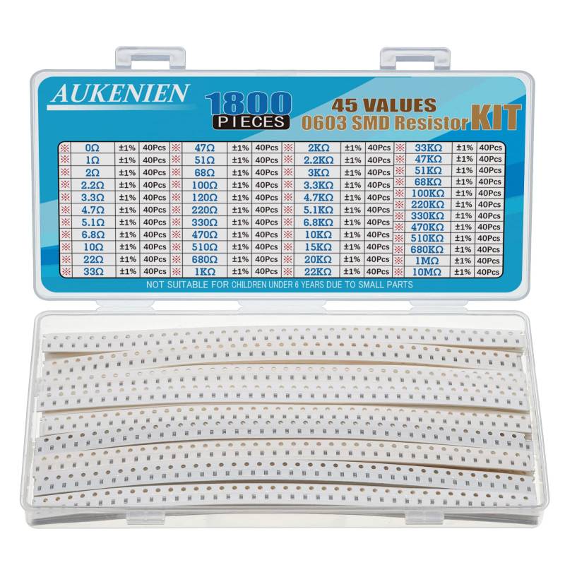 AUKENIEN 0603 SMD Widerstand Sortiment 45 Werte 1800 Stück 0R bis 10M Ohm Resistor 1/10W SMT Widerstände Kit mit ±1% Toleranz von AUKENIEN