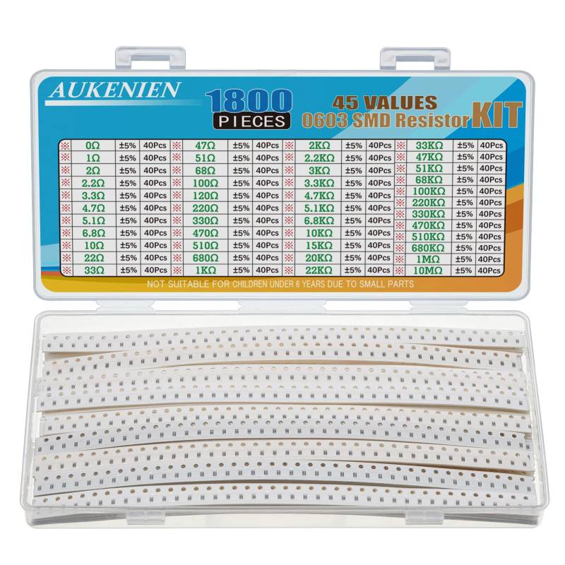 AUKENIEN 0603 SMD Widerstand Sortiment 45 Werte 1800 Stück 0R bis 10M Ohm Resistor 1/10W SMT Widerstände Kit mit ±5% Toleranz von AUKENIEN